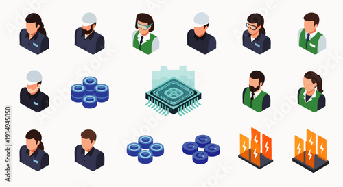 Isometric vector icon set featuring diverse professionals, engineers, technicians, and essential technology elements like CPU, energy, and data for modern industry.