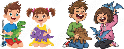 Cartoon children playing with dinosaur toys, Tyrannosaurus rex, Triceratops, Stegosaurus, Pteranodon, fun imaginative kids activity illustration design