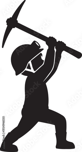 Dynamic silhouette of a determined worker powerfully swinging a classic pickaxe, embodying diligent effort, challenging labor, and the pursuit of valuable resources