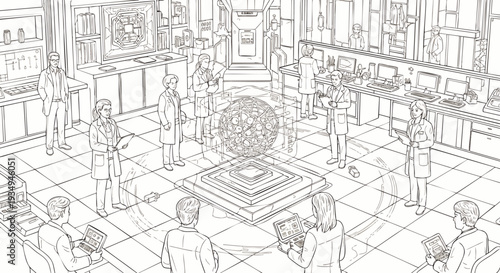 Scientists collaborating in a futuristic high-tech research laboratory, analyzing advanced data and technology with a central holographic display, symbolizing innovation.