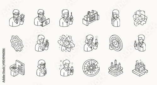 Isometric line art icon set: scientists, lab equipment, atom models, and scientific concepts. Perfect for research, discovery, innovation, and technology themes.