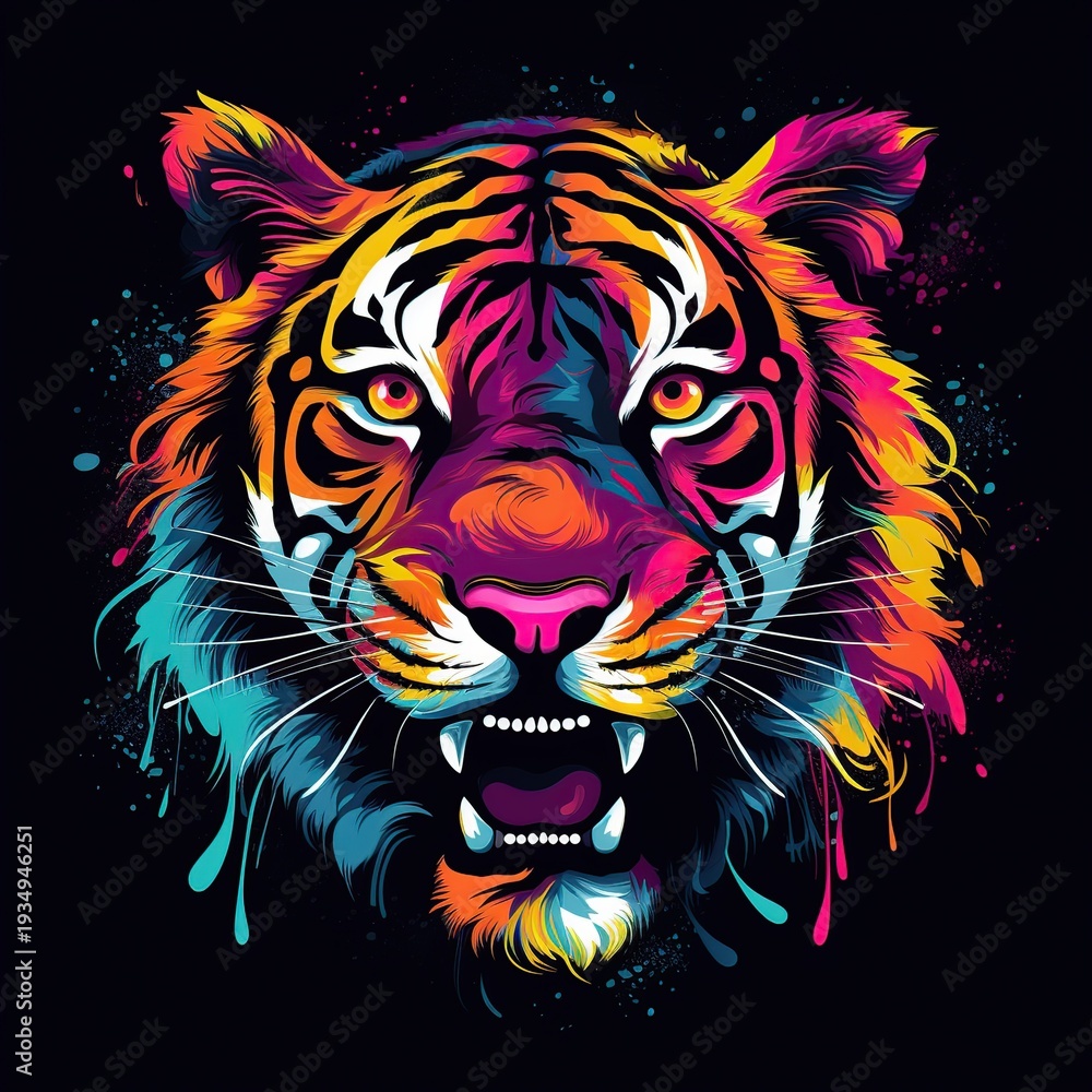 Obraz premium Vibrant Neon Rainbow Tiger Head Illustration with Dripping Paint Effects