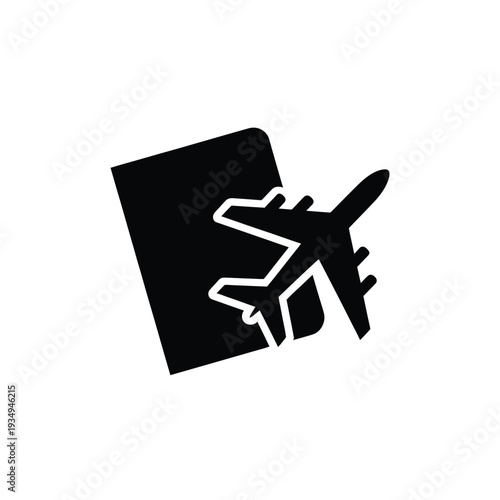 Black silhouette of a passport with a plane flying from it