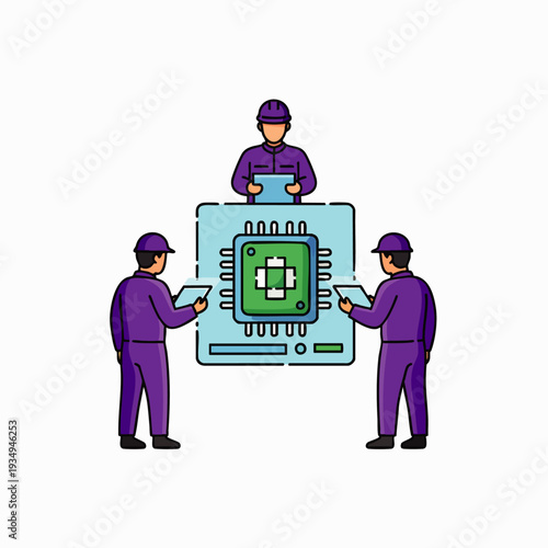 Team of engineers working on a large computer chip, concept of technology, innovation, and teamwork
