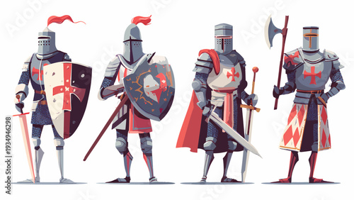 Medieval knights in armor stand ready for battle with swords and shields in a historical vector illustration