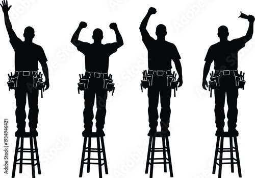 Construction worker silhouette standing on stool, handyman with tool belt raising hand, builder poses collection, industrial worker vector illustration
