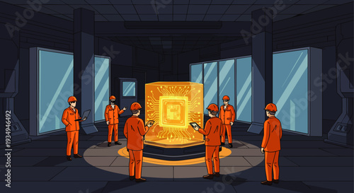 Scientists in orange uniforms gather around a glowing futuristic energy cube in a high-tech laboratory setting.