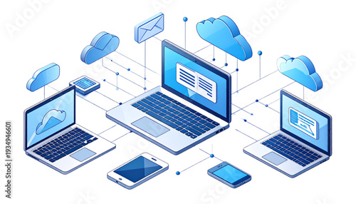 Modern digital workspace showcasing interconnected devices and cloud technology for collaboration isolated on transparent background