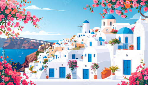 Serene coastal village nestled between vibrant cherry blossoms and the azure sea isolated on transparent background