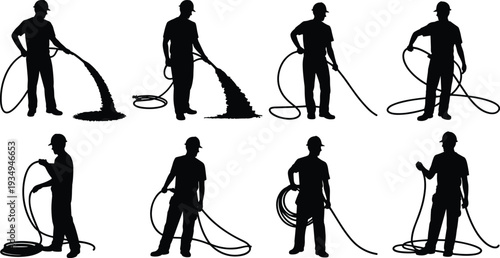 Construction worker silhouettes, hose handling, occupational safety, pouring material illustration, hard hat workers, industrial activity, teamwork construction, site operation, labor safety