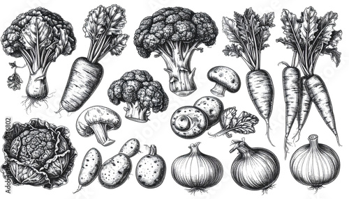 Historical illustration of various types of mushrooms and fungi from nature isolated on transparent background