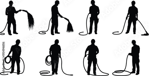 Construction worker silhouettes, hose operation, industrial safety, hard hat illustration, spraying activity, coiling hose, maintenance work, occupational training, site operation, labor safety