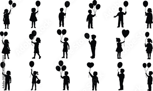 Kids holding balloons silhouette collection, happy children with heart and party balloons celebration illustration