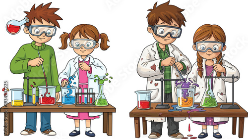 Kids chemistry experiment cartoon illustration, children scientists mixing colorful liquids in laboratory science education STEM learning 