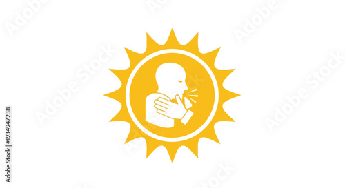 A stylized illustration of a person coughing inside a sun symbol on world tuberculosis day against a clean white background