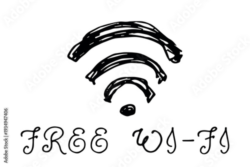 Hand drawn free wifi spot zone sign Public wi-fi area sign Wireless internet clipart in doodle style Single element for print, web, design, decor 3G, 4G, 5G, 6G, IoT