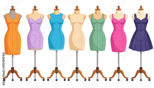 Colorful dresses displayed on mannequins in a vibrant and cheerful arrangement isolated on transparent background