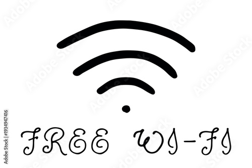 Hand drawn free wifi spot zone sign Public wi-fi area sign Wireless internet clipart in doodle style Single element for print, web, design, decor 3G, 4G, 5G, 6G, IoT
