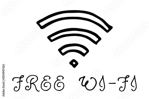 Hand drawn free wifi spot zone sign Public wi-fi area sign Wireless internet clipart in doodle style Single element for print, web, design, decor 3G, 4G, 5G, 6G, IoT