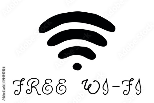 Hand drawn free wifi spot zone sign Public wi-fi area sign Wireless internet clipart in doodle style Single element for print, web, design, decor 3G, 4G, 5G, 6G, IoT