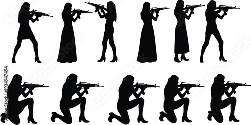 Female soldier silhouettes aiming rifles, tactical women shooters in standing and kneeling poses, military combat training vector illustration set collection