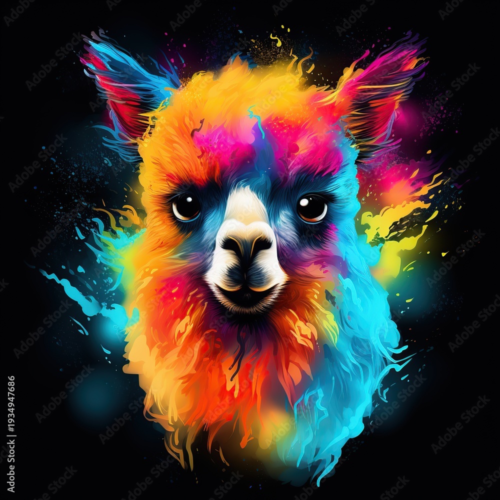 Obraz premium Vibrant Rainbow Paint-Splashed Llama Portrait with Neon Fur Against a Black Background