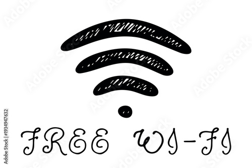Hand drawn free wifi spot zone sign Public wi-fi area sign Wireless internet clipart in doodle style Single element for print, web, design, decor 3G, 4G, 5G, 6G, IoT