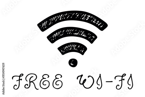 Hand drawn free wifi spot zone sign Public wi-fi area sign Wireless internet clipart in doodle style Single element for print, web, design, decor 3G, 4G, 5G, 6G, IoT