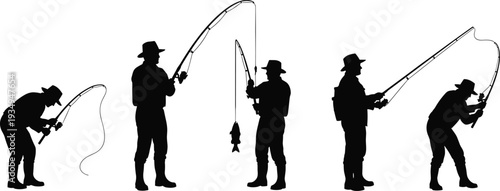Fishing silhouette collection, fisherman catching fish with rod and reel outdoor sport illustration set