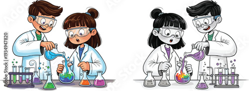Kids science experiment cartoon illustration, children learning chemistry with laboratory glassware education STEM activity vector