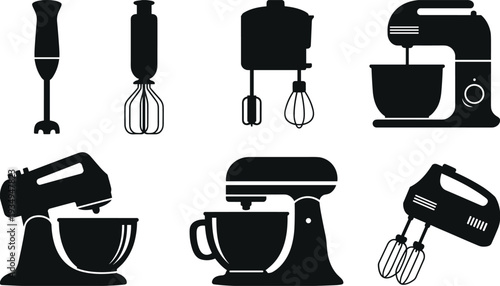 Kitchen mixer appliance silhouette set, electric hand blender stand mixer whisk and baking equipment illustration