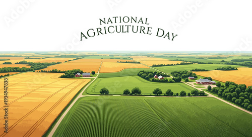 Aerial view of a vibrant agricultural landscape on National Agriculture Day, featuring lush green and golden fields with trees and buildings in the background.