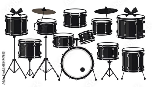 A minimalist vector graphic illustration of a drum set on transparent background