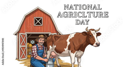 Illustration of a farmer milking a cow in front of a barn on National Agriculture Day, promoting Agriculture Awareness and Farming Industry.