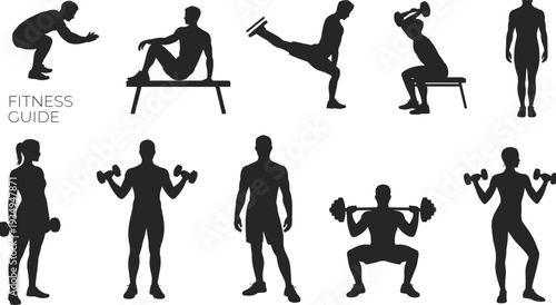 Fitness exercise silhouettes set, men and women workout training poses with dumbbells and bench, gym workout vector