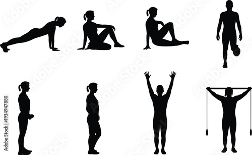 Fitness training silhouette set, men and women exercising stretching push up resistance band workout illustration