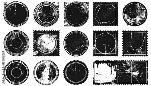 Abstract geometric patterns featuring circular and angular designs with varying densities and textures isolated on transparent background