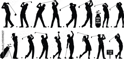 Golf player silhouettes set swinging club, men and women golfers hitting ball on course sport vector illustration