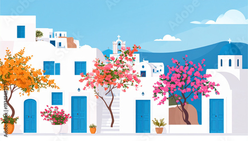Vibrant blue and white mediterranean village with blooming flowers in the background isolated on transparent background