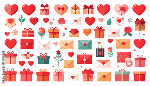 A colorful collection of Valentine's Day icons and symbols on transparent background