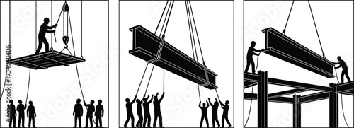 Industrial construction worker silhouettes performing heavy lifting operations with steel beams and platforms for civil engineering building development and high rise structure assembly