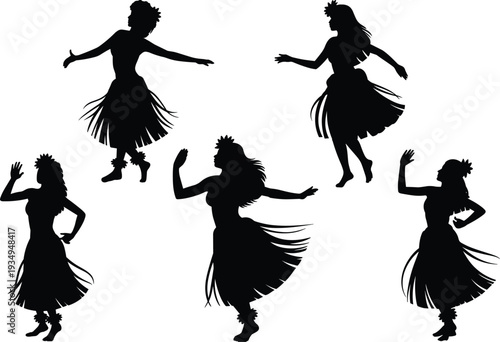 Hula dance silhouettes, Hawaiian cultural expression, traditional attire, grass skirt illustration, flower headpiece, rhythmic movement, storytelling dance, island heritage, expressive art
