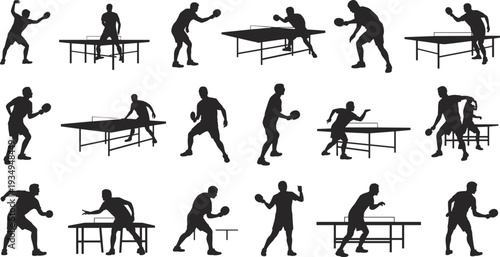 Ping pong player silhouette collection, table tennis athletes playing competitive match with racket and ball illustration