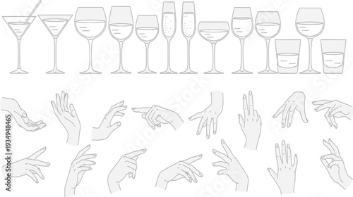 Minimalist Line Art Vector Set Featuring Elegant Female Hands and Various Beverage Glassware for Wine Cocktails Champagne and Luxury Party Designs