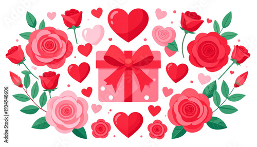 A colorful Valentine's Day illustration featuring roses, hearts, and a gift box on transparent background