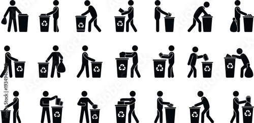 Recycling and waste disposal silhouette set, people throwing trash into recycle bin environmental protection illustration