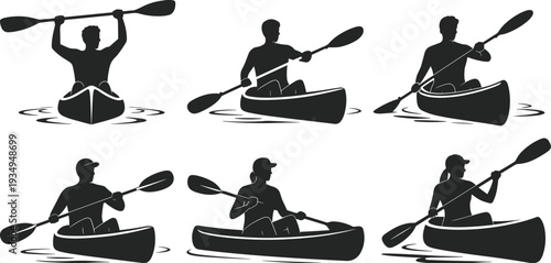 Kayaking silhouettes, paddling techniques, water sports illustration, outdoor adventure, recreational kayaking, double-bladed paddle, river