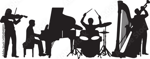 Large collection of black silhouettes featuring musical band members playing instruments including piano drums saxophone violin and guitar isolated on white background for concert posters
