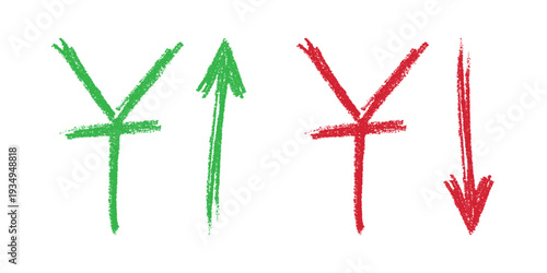 Hand drawn chinese yuan currency symbol Growth and fall profit with arrow up and down Brush stroke doodle Element for design