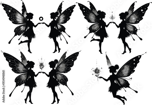 Fairy silhouette illustration set, fantasy folklore artwork, enchanted creature vector design, whimsical graphic icon, black white magical symbol